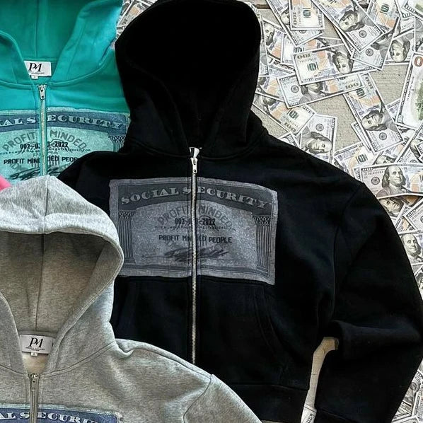 Casaco Zíper Oversized Streetwear Estampa Dinheiro Americano