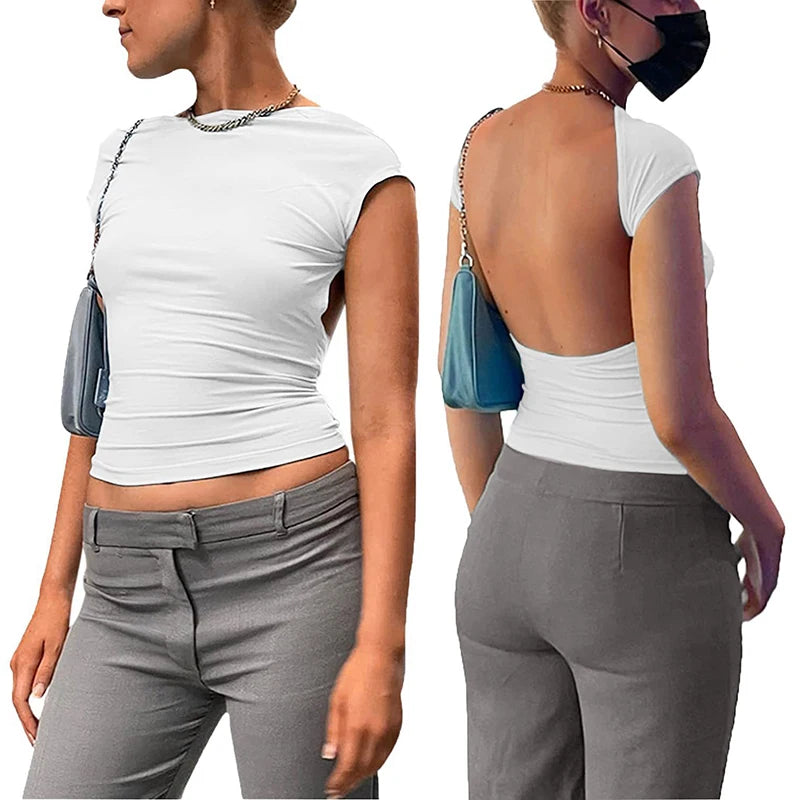 Cropped Slim branco com Decote nas Costas – Moda Verão Feminina