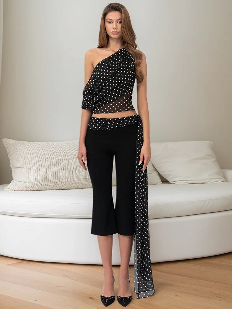 Conjunto Feminino Elegante Poá Ombro Só – JULISSA MO