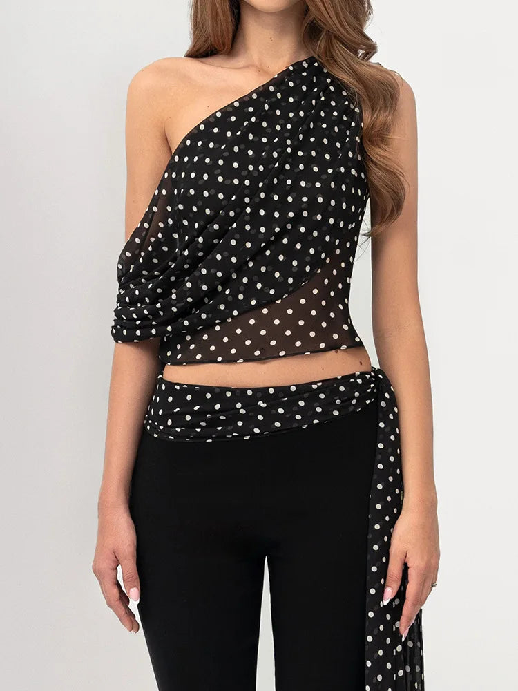Conjunto Feminino Elegante Poá Ombro Só – JULISSA MO