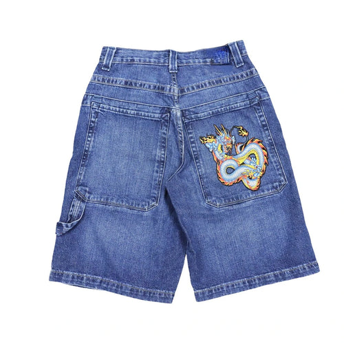 Bermuda Jeans Retro Y2K com Bordado Dragão - Unissex, Estilo Streetwear